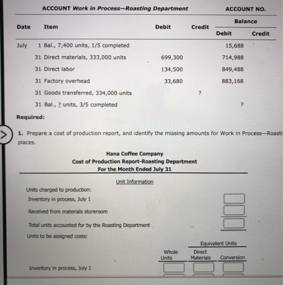 ACCOUNT Work in Process-Roasting Department ACCOUNT NO. Balance Date Item Debit Credit Credit Debit July 1 Bal., 7,400 units,