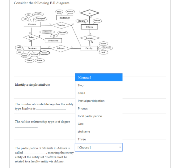 Consider the following E-R diagram address name In creditHrs tile Buildings description cID oPhone officeNo Courses N Teaches