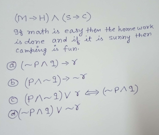 (M>H)A (S) 9% math is easy then the home work is done and iit is unny camping is fun then @PA1) (PA~2) (PA~2)VT PA2) PA)V