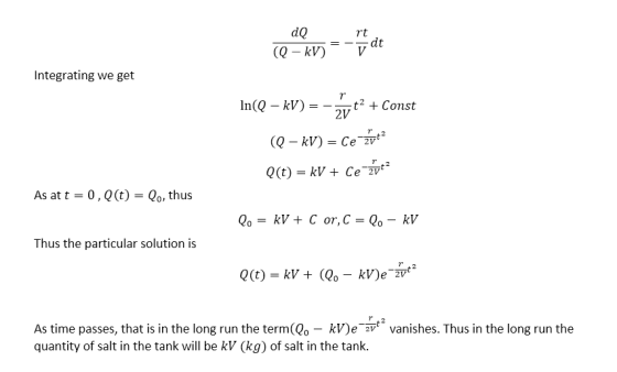 dQ rt dt V (Q kV) Integrating we get t2 +Const 2V n(QkV) Ce 2t2 (Q kV) Q(t) kV Ce 2vt 0,Q (t) Qo, thus As at t кV + C or,C -