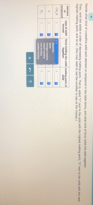 Decide what kind of crystalline solid each element or compound in the table forms, and what kind of force holds the solid tog