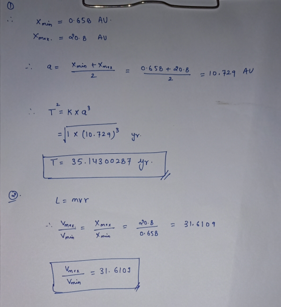 Xmin = o. 650 AU 06 58 + 0.8 2 2. 2. :11 x (10 729), yy. T_ = 35.14300287 L=mvr 1. mex 0. 658 min 31. 6103 Vmin