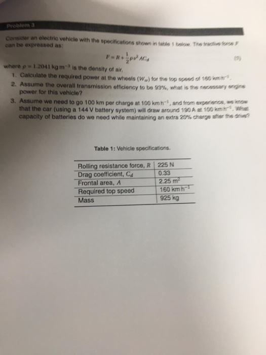 Consider an electric vehicle with the specifications shown in tuhe eow The wadis fos can be expressod as 60 where ρ-1.2041 kg