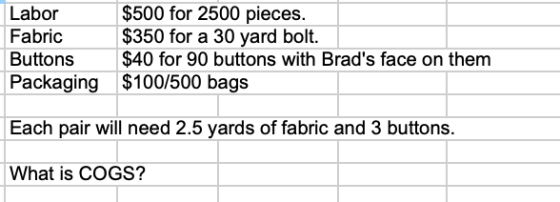 Labor $500 for 2500 pieces. $350 for a 30 yard bolt. $40 for 90 buttons with Brads face on them $100/500 bags Fabric Buttons