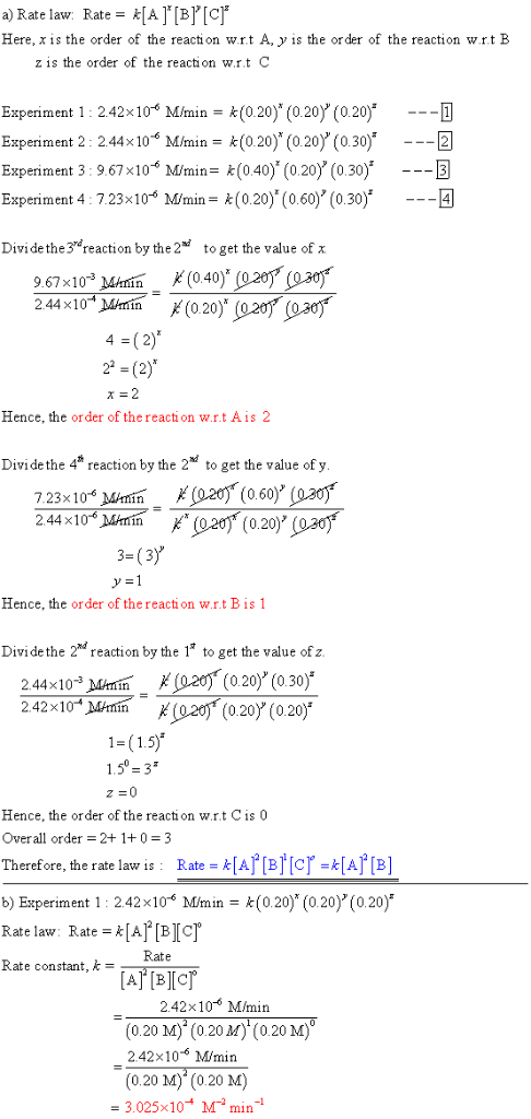 a) Rate law Rate= 시시rerer Here, x is the order of the reaction wrt A, y ls the order of the reaction wrt B z is the order of