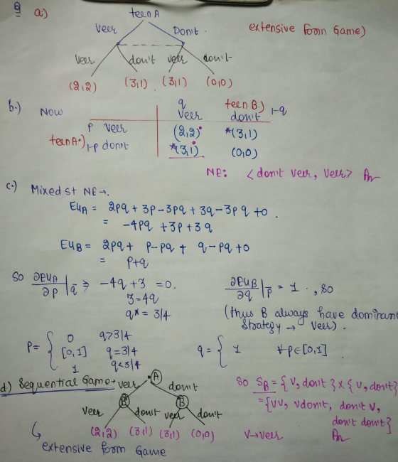 teanA a) extensive Fon Game) Don tb vely laん Heen B) -q b- Now p veut teen AImp donn: (2,2)、 In31), #13,1) I p (010) Ne dont