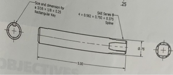 .25 ze and dimension for a 3/16 x 1/8 x0.25 Rectangular Key SAE Series B- 4x 0.562 x0.750x0.375 Spline 0.75 5.00