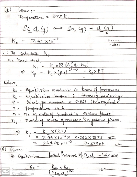 (b) Gtven - Ternpeatice 373 k Soy 3 7.43 x10 V nRT P -(an calulata kp We know hat, ) Tu kx (RTA Cn-no) (2-1) kexRT whre Kp eu