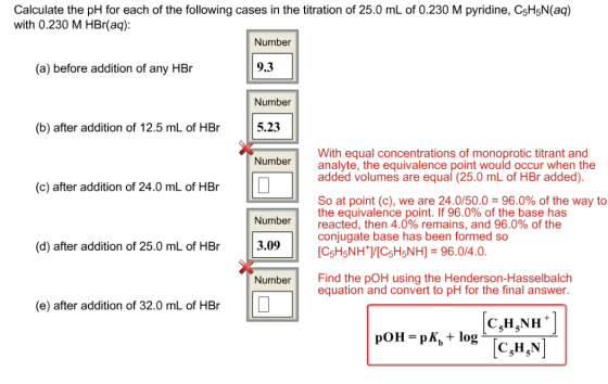 Calculate the pH for each of the following cases in the titration of 25.0 mL of 0.230 M pyridine, C5H5N(aq) with 0.230 M HBr(