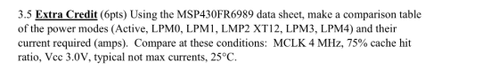 3.5 Extra Credit (6pts) Using the MSP430FR6989 data sheet, make a comparison table of the power modes (Active, LPM0, LPMI, LM