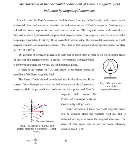 Measurement of the horizontal component of Earths magnetic field induction by tangensgalvanometer In each point the Earths