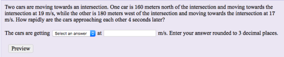 Two cars are moving towards an intersection. One car is 160 meters north of the intersection and moving towards the intersect