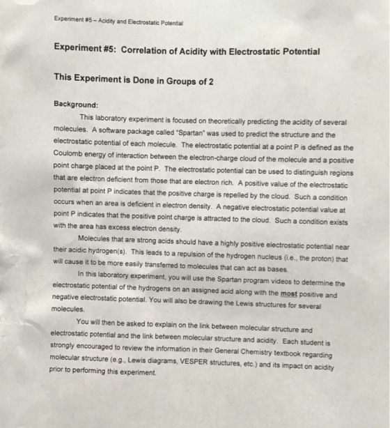 Experiment #5-Acidity and Electrostatic Potential Experiment #5: Correlation of Acidity with Electrostatic Potential This Exp