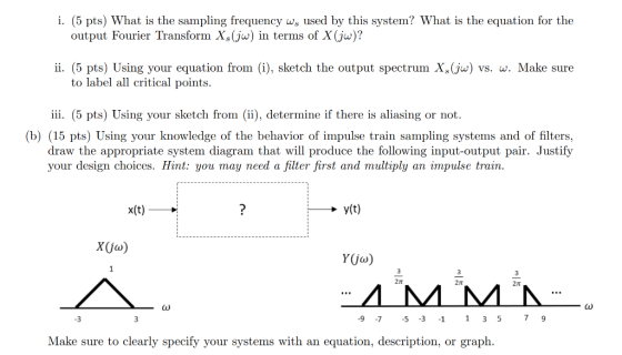 i. (5 pts) What is the sampling frequency w used by this system? What is the equation for the output Fourier Transform X,(jw)