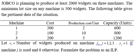 JOBCO is planning to produce at least 2000 widgets on three machines. The minimum lot size on any machine is 500 widgets. The