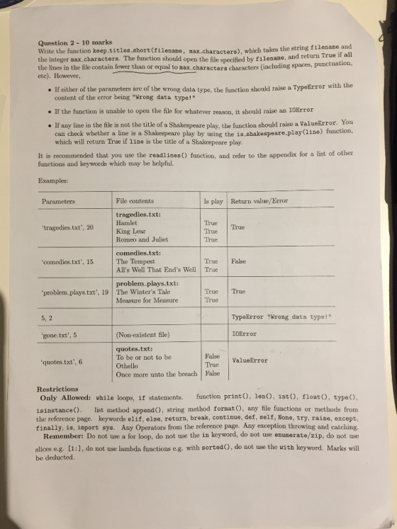 Question 2- 10 marks Write the function keep titles short (filename, max charactars) which takes the string filename and the