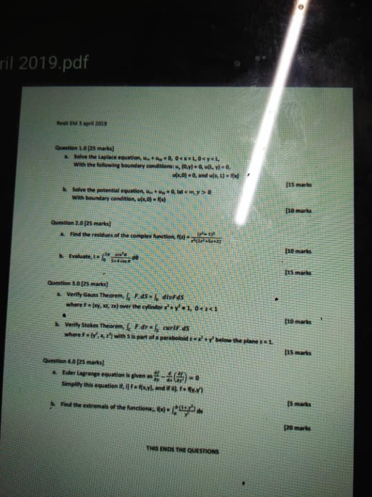ril 2019.pdf Solve the Laplace equation, QOEKELOvL 15 marks with boundary condition, * Rid [10 marks Ovestion 2.0125 marka] F