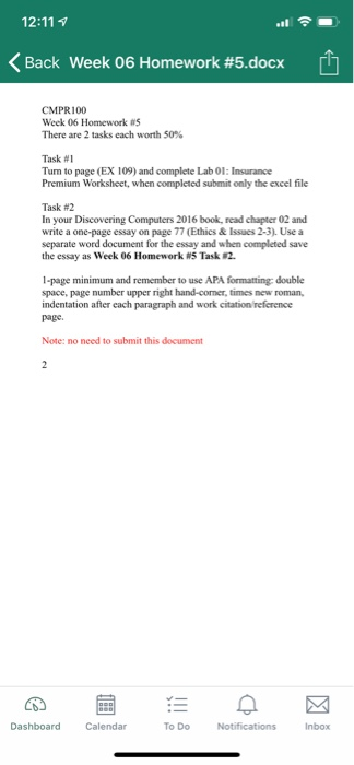 12:11 7 くBack Week 06 Homework #5.docx CMPR100 Week 06 Homework #5 There are 2 tasks each worth 50% Task #1 Turn to page (EX