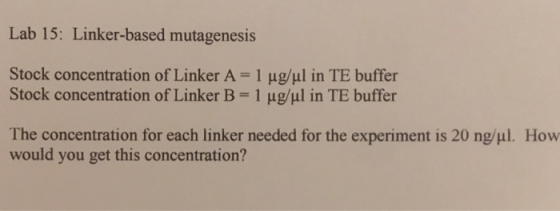 Lab 15: Linker-based mutagenesis Stock concentration of Linker A-1 ug/ul in TE buffer Stock concentration of Linker B-1 μg/ul