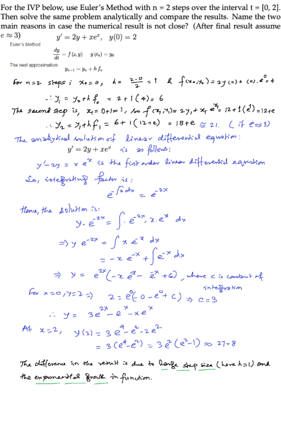 For the IVP below, use Eulers Method with n - 2 steps over the interval t - [0, 2] Then solve the same problem analytically
