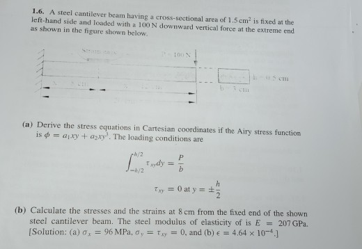 1.6. A steel cantilever beam having a cross-sectional area of 1.5cm2 is fixed at the left-hand side and loaded with a 100 N d