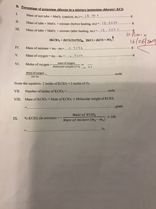 B. Percentage of potassium chlorate in a mixture (potassium chlorate+ KCI) IL Mass of test tube + MnO2 (catalyst, m;)-.13. 1w