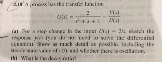 g / 4.18/A process has the transfer function Y(s) U(s) G(s) = 2s + 1 (a) For a step change in the input U(s) 2/s, sketch the