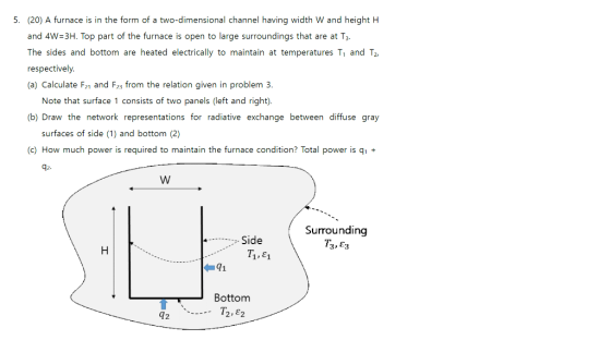 5. (20) A furnace is in the form of a two-dimensional channel having width W and height H and 4W-3H. Top part of the furnace