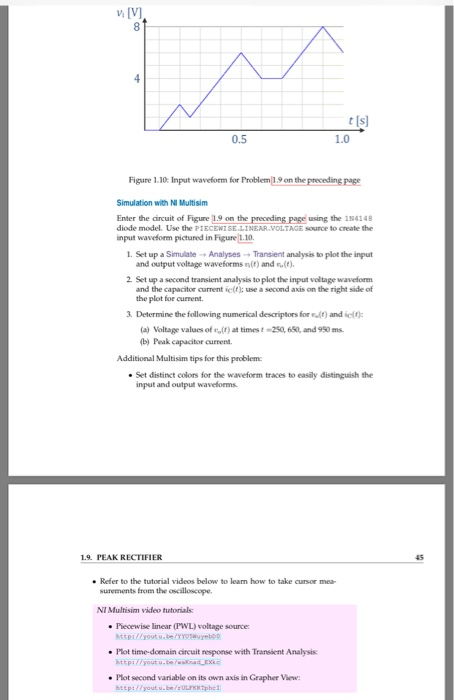 Vi t [s] 0.5 1.0 Figure 1.10 nput waveform for Problem 1.9 on the preceding page Simulation with NI Multisim Enter the circui