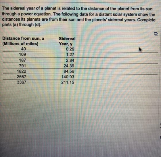 The sidereal year of a planet is related to the distance of the planet from its sun through a power equation. The following d
