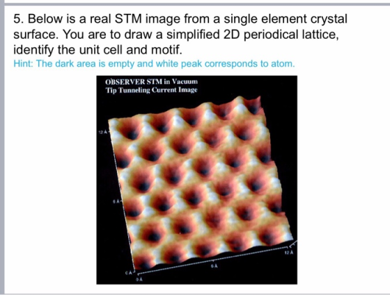 5. Below is a real STM image from a single element crystal surface. You are to draw a simplified 2D periodical lattice, ident