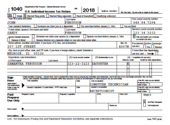 2018 Deprtment of the Terry-itend Revenue Sơwe U.S. Individual Income Tax Retum No. 545-0074 Married Married f Head of househ