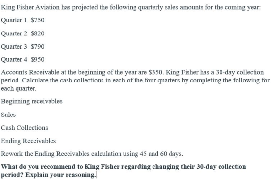 King Fisher Aviation has projected the following quarterly sales amounts for the coming year: Quarter 1 $750 Quarter 2 $820 Q