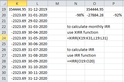 K P 19 354444.95 31-12-2019 354444.95 202323.69 31-01-2020 98%-27884.28 92% 21 2323.69 29-02-2020 to calculate monthly IRR 22