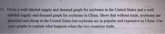 1) Draw a well labeled supply and demand graph for soybeans in the United States and a well labeled supply and demand graph f