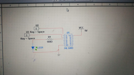 0 U2 VCC 0 5V U3 Key Space U1 0 R1 Key Space 47 2B 2 12Y 23 560Ω ALED1 74L S00D