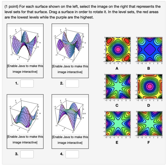 (1 point) For each surface shown on the left, select the image on the right that represents the level sets for that surface.