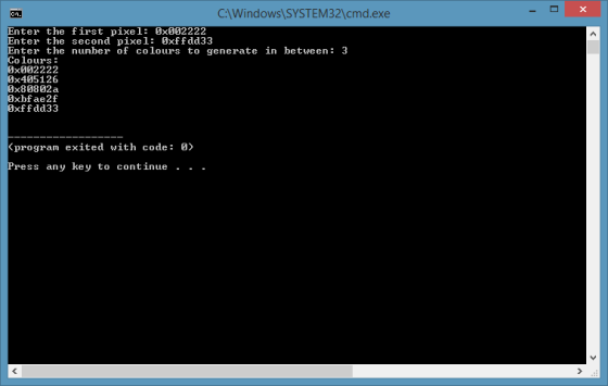 C:Windows SYSTEM32\cmd.exe Enter the first pixel: 0x002222 Enter the second pixel: 0xffdd33 Enter the number of colours to ge