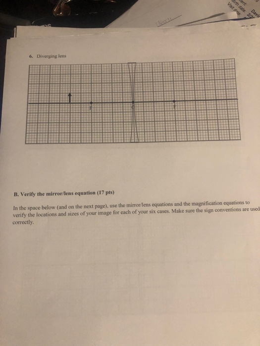 6. Diverging lens B. Verify the mirror/lens equation (17 pts) In the space below (and on the next page), use the mirror/lens