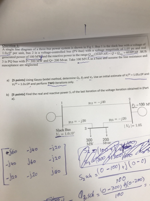 Question 1: A single line diagram of a three-bus power system is shown in Fig 1. Bus 1 is the slack bus with a voltage of 1.0