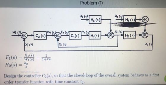 Problem (1) X (s) (s Ha (s) C2 (s) Ci(s)H() 2 (s) 2rs) x,(s) H2(s)83 Design the controller C2(s), so that the closed-loop of