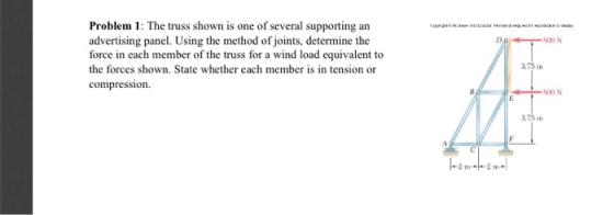 Problem 1: The truss shown is one of several supporting an advertising panel. Using the method of joints, determine the force