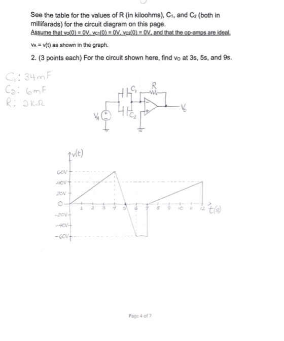 See the table for the values of R (in kiloohms), C, and C2 (both in millifarads) for the circuit diagram on this page. v(t) a
