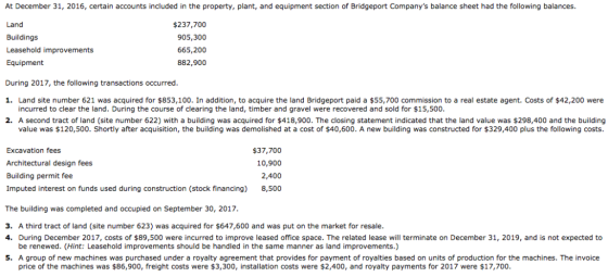 At December 31, 2016, certain accounts included in the property, plant, and equipment section of Bridgeport Companys balance