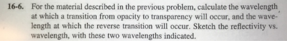 For the material described in the previous problem, calculate the wavelength at which a transition from opacity to transparen