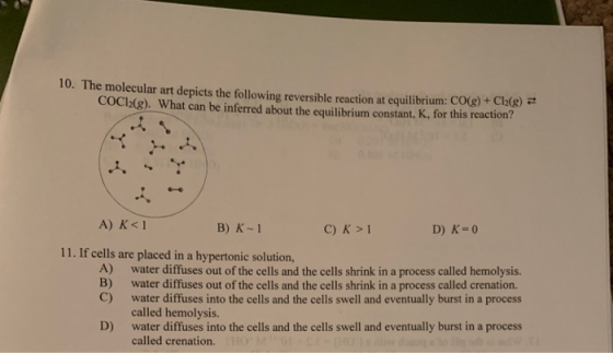 10. The molecular art depicts the following reversible reaction at equilibrium: COG) +Cl2(g) COCh(e). What can be inferred ab