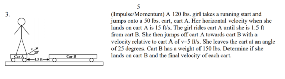 3. (Impulse/Momentum) A 120 lbs. girl takes a running start and jumps onto a 50 lbs. cart, cart A. Her horizontal velocity wh