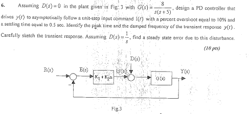 6.Assuming De) 0 in the plant given in Fig: 3 with Gs. design a PD controller that drives y(1) to asymptotically follow a uni