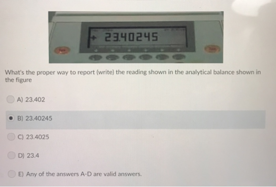 23.40245 Whats the proper way to report (write) the reading shown in the analytical balance shown in the figure A) 23.402 B)