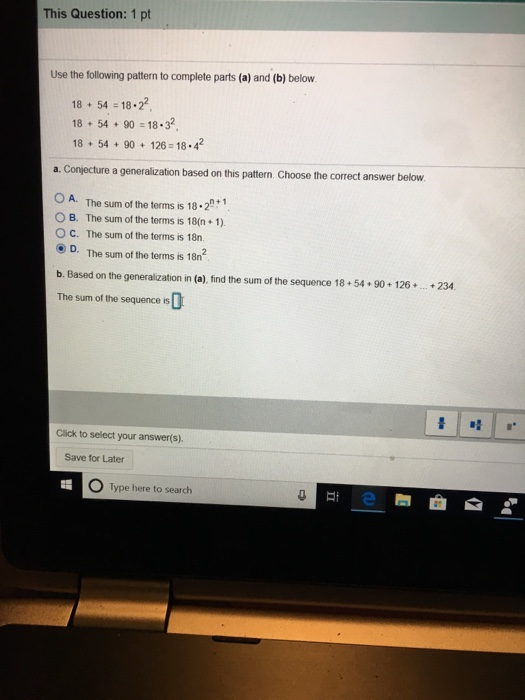 This Question: 1 pt Use the following pattern to complete parts (a) and (b) below 18 54 18.2 18 54 9018.32 1854 90+ 126 18.4